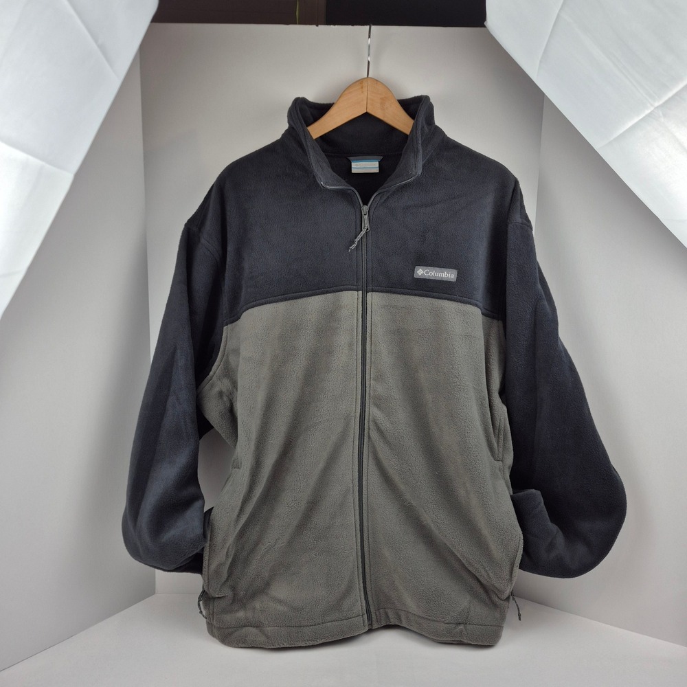 Columbia Mens XXL Full Zip Fleece Jacket Grey Black Colorblock Mock Neck Outdoor